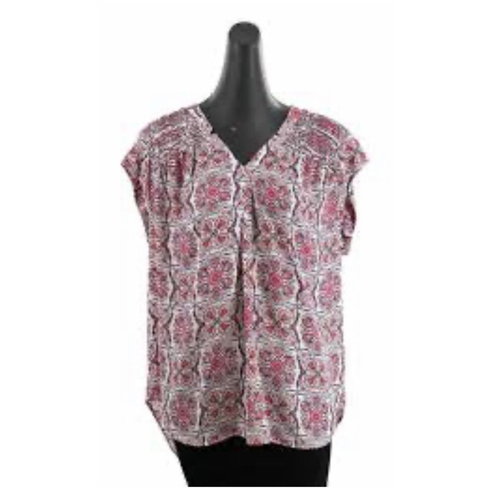 DR2 Daniel Rainn Pink White Floral V Neck Cap Sleeve Blouse Large